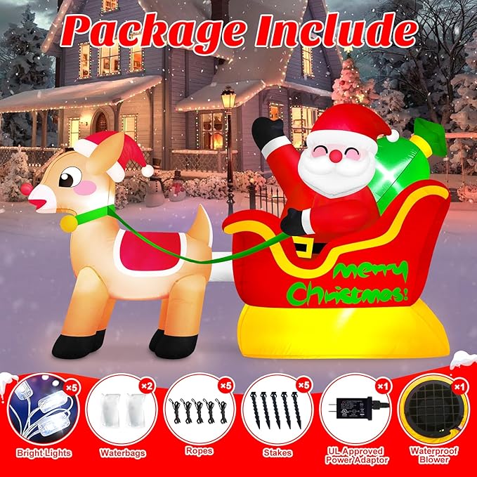 6 FT Long Santa and Reindeer Inflatable Christmas Decorations Outdoor Sleigh, Built-in LED Lights Funny Rein Deer Sled Blow Up Yard Decoration for Winter Vacation Outside Lawn Patio Xmas Indoor Party