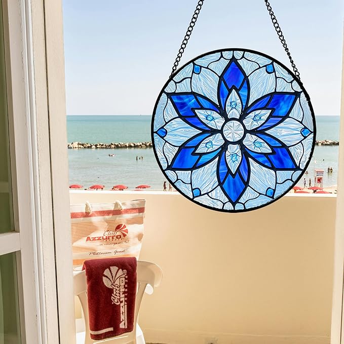 Stained Glass Window Hanging, Blue Tiffany Style Flowers Sun Catcher for Window Door Home Decor Suncatcher Christmas Mother's Day Birthday Gifts for Women Men Mom and Nana 6.3 in