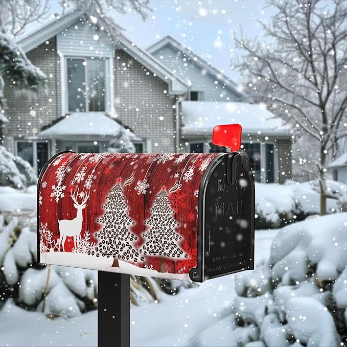 Christmas Mailbox Cover Christmas Tree Winter Snowflake Pine Oversized Mailbox Wrap Poinsettia Christmas Tree Wood White Snow Letter Post Box Cover Decor Large Size 25.5 X 21 Inch