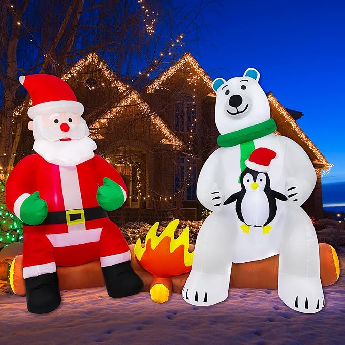 10FT Long Christmas Inflatables Decorations, Outdoor Santa & Polar Bear Campfire Giant Blow Up with Built-in LED Lights for Yard Garden Lawn Holiday Decor
