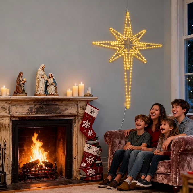 Outdoor Christmas Star of Bethlehem Large LED Star Window Plug Operated Lighted for Xmas Wall Window Indoor Outside Home Street Store Holiday Decorations(50'',Warm Light)