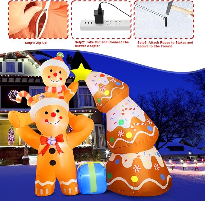 7.2 FT Christmas Inflatables Yard Decorations Outdoor Gingerbread Man and Christmas Tree Inflatables Decorations Built-in LED Lights, Christmas Blow Up for Outdoor, Yard, Roof, Lawn
