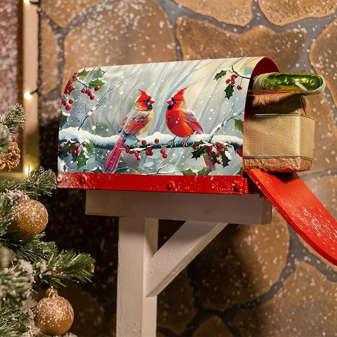 Cardinal Red Birds Mailbox Covers Magnetic, Winter Snow Mailbox Covers Standard Size 18"X21", Christmas Post Letter Box Cover Yard Outdoor Garden Decor