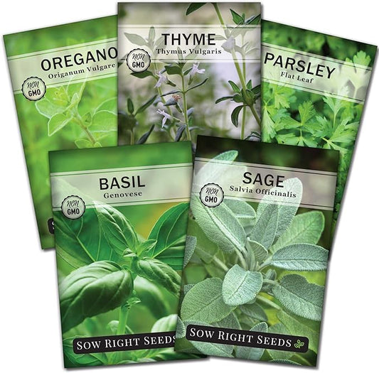Sow Right Seeds - Italian Herb Garden Seed Collection for Planting - Basil, Oregano, Parsley, Sage, and Thyme - Non-GMO Heirloom Packet with Instructions to Grow a Kitchen Garden Indoors or Outdoors
