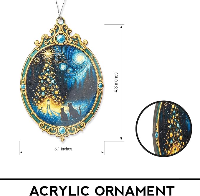 Cat Christmas Ornament – Black Cat Gifts – Starry Night Decor – Holiday Pet Lovers Ornament – Christmas Tree Ornament – Suncatcher Effect Stained Glass Window Hanging – Car Hanging