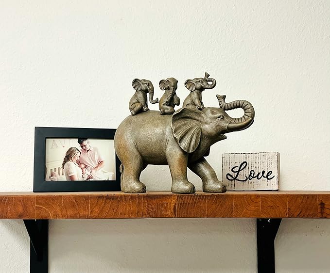 Nature's Mark 8" H 3 Baby Elephants Riding an Elephant Resin Statue Figurine Home Decorative Accent Decor (Gray)