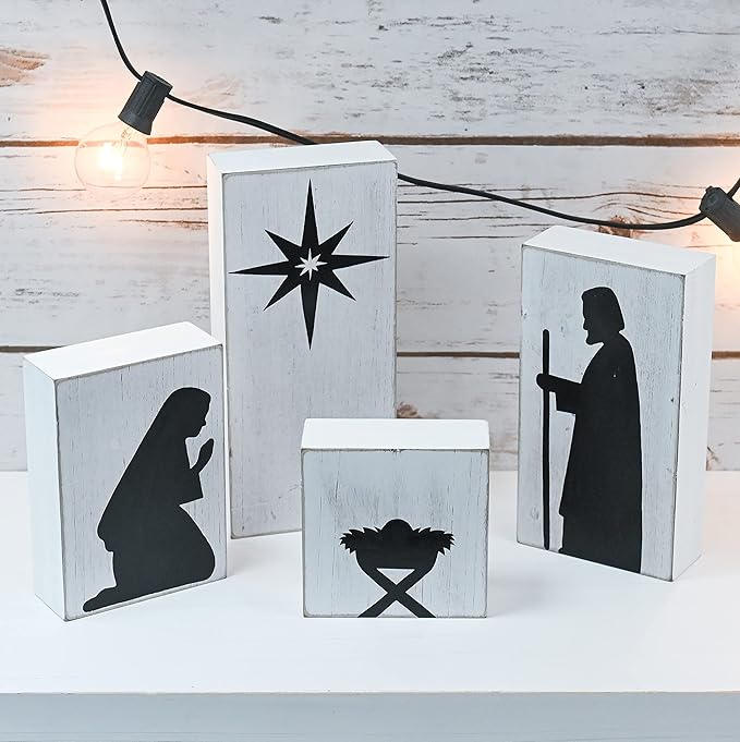 Ornativity Wooden Block Nativity Scene - Black Xmas Silhouette Christmas Figures on White Painted Wood Blocks Indoor Nativity Table Top Shelf Sitter Mantle Centerpiece Set Decorations - 1 Set