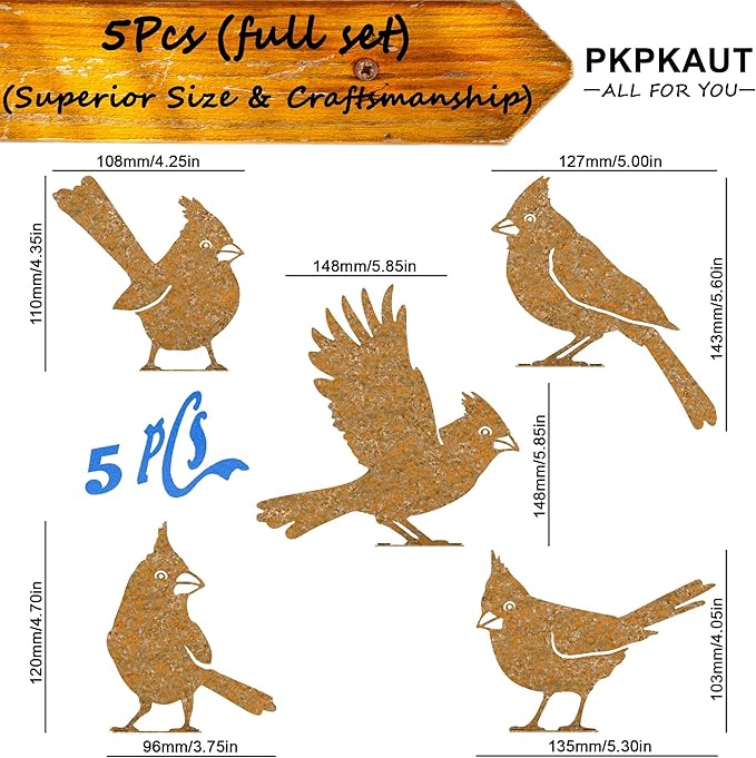 5-Piece Metal Bird Craft Statue Set - Cardinal Silhouettes, Rusty Finished - Perfect for Fence Toppers & Outdoor Decor