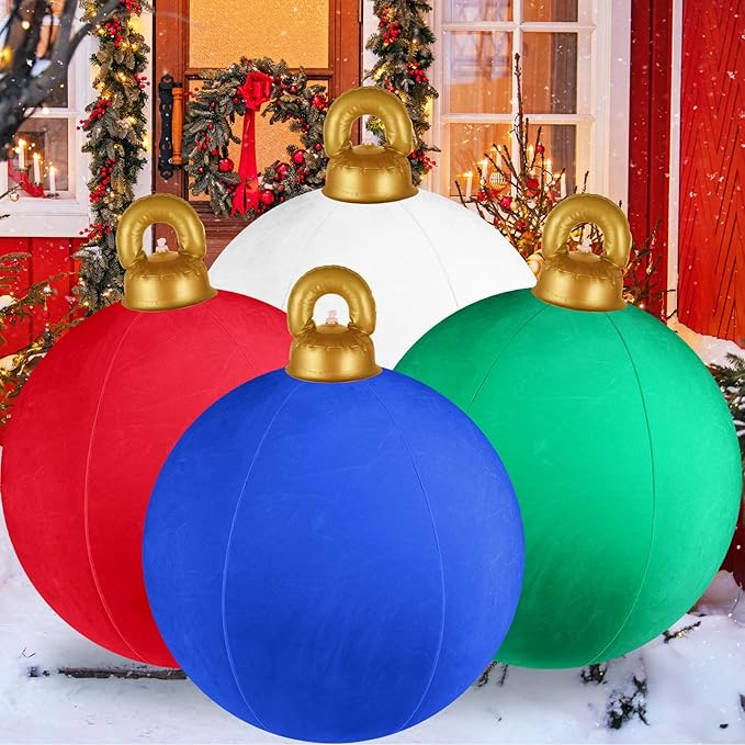 Velvet Inflatable Ornaments Balls Outdoor 4Pcs - 24 Inch Large Inflatable Christmas Ornaments, Reusable Blow Up Christmas Decorations for Yard | Tree | Indoor