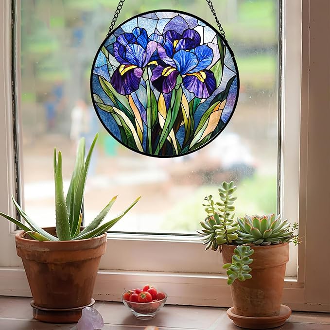 Stained Glass Window Hanging - Blue Purple Iris Flower Suncatcher for Door Garden Patio Sun Catchers Decor Christmas Mother's Day Birthday Gifts for Women Men Mom Nana Aunt Friend 6.3 in
