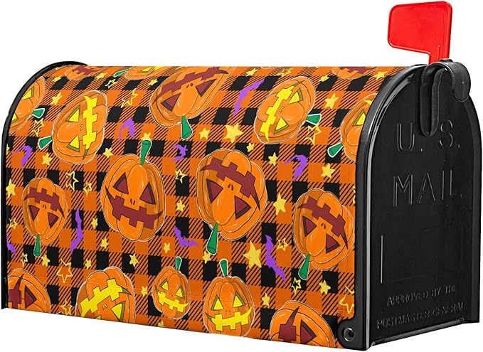 Halloween Mailbox Cover Magnetic Standard Size 25.5x21 Inch Spooky Pumpkins Bats Mailbox Wrap Letter Post Cover with Black Orange Buffalo Plaids for Yard Garden Home Outdoor Decor