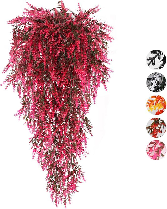 RECUTMS Artificial Hanging Plants Fake Hanging Lavender Faux UV Resistant Flowers Indoor Outside Hanging Decorations,4 Packs (Pink)