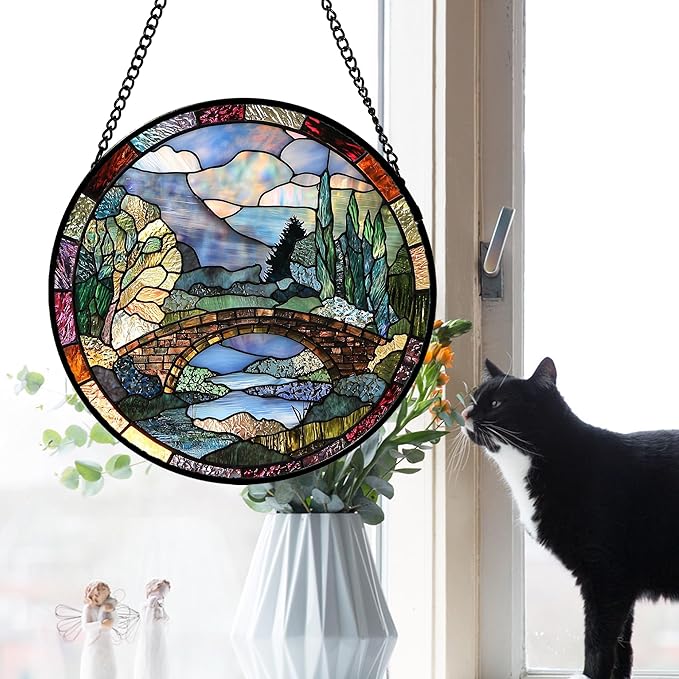 Stained Glass Window Hanging, Blue Landscape Arch Bridge Sun Catcher for Door Home Decor Suncatcher Christmas Mother's Day Birthday Gifts for Women Men Mom and Nana 6.3 in