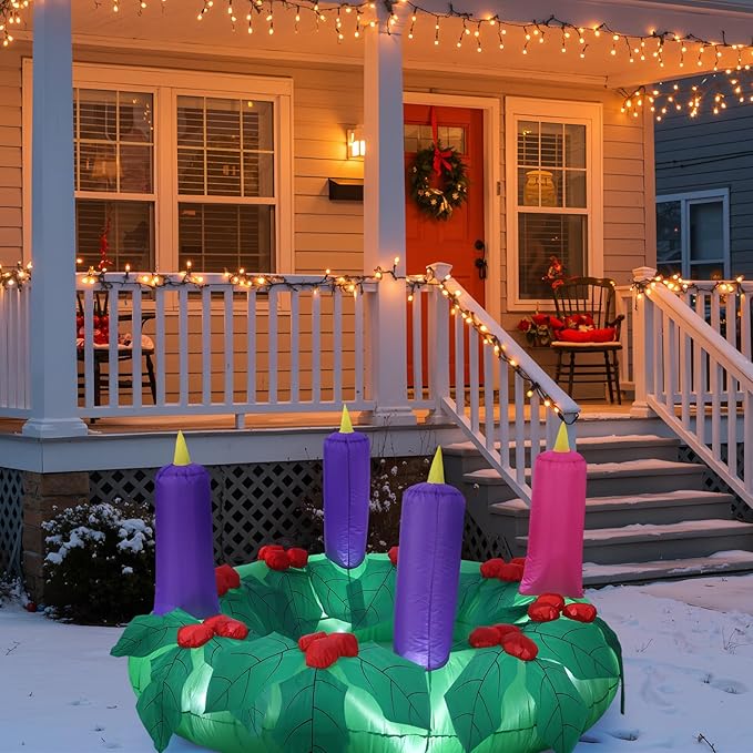 6ft Christmas Outdoor Large Inflatable Advent Wreath Blow up Decor with 4 Candles & LED Lights, Pre Filled Sandbags & Blower for Yard, Church, Lawn Decoration