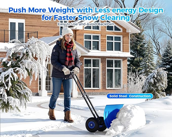 Garvee 29" Snow Pusher Shovel with Wheels,Heavy Duty Steel Snow Shovel with Wheels,Angled Blade Efficient Snow Removal With5-Position Angled Blade & Adjustable Handle for Doorway, Sidewalk, Blue