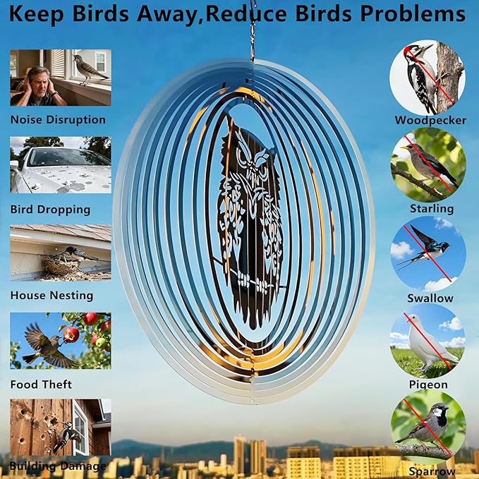 Owl Scarecrow Bird Deterren for Outside Patio Garden Porch Pool Window,16" Mirror High Reflective Bird Scare Devices Wind Spinners Outdoor Decor,Bird Reflectors to Keep Woodpecker Away from House