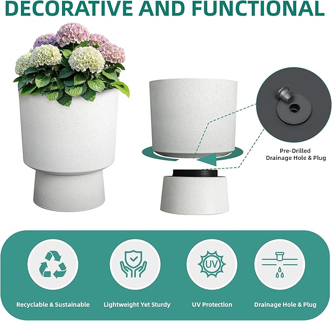 16.75"H Urn-Style Tall Planters, 2-Pack Modern Large Flower Pots for Outdoor Indoor, 2-in-1 Design Plant Containers for Garden Patio Yard Balcony Porch or Home Decor, White Terrazzo, UV-Protect
