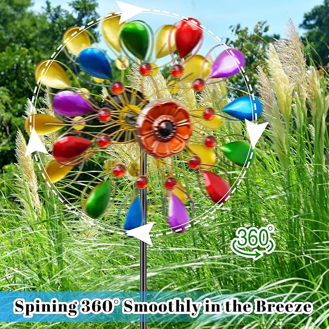 64 inch Garden Wind Spinner, Outdoor Wind Sculpture with 5 Prong Base Stand, Metal Windmill for Lawn Yard Outdoor Art Decorations (B-Colorful)