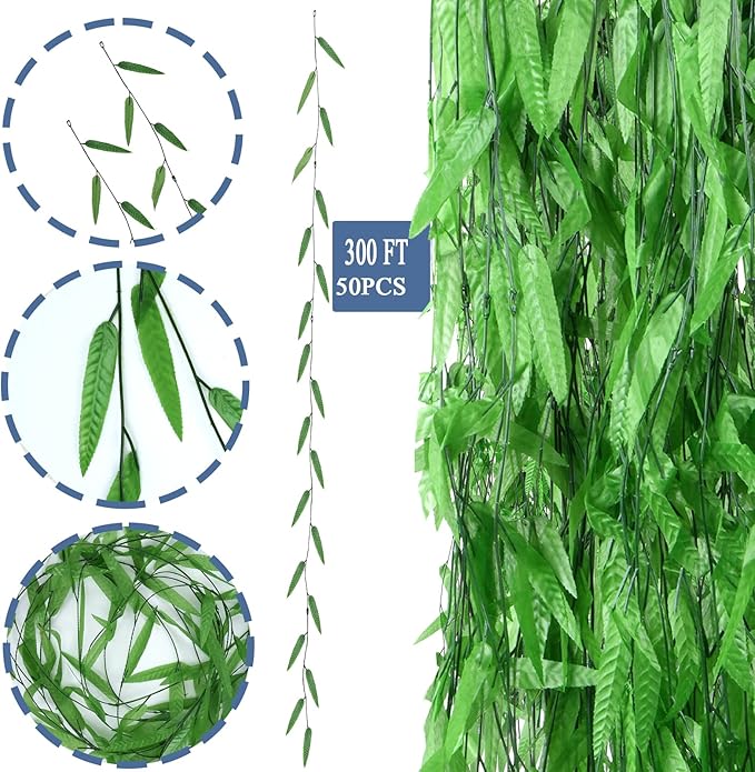 50PCS 300 FT Artificial Vines Greenery Garland Faux Willow Vines Fake Foliage Leaf Silk Plants Greenery Decoration for Home Wall Aesthetic Wedding Arch Apartment Room Windowsill Balcony
