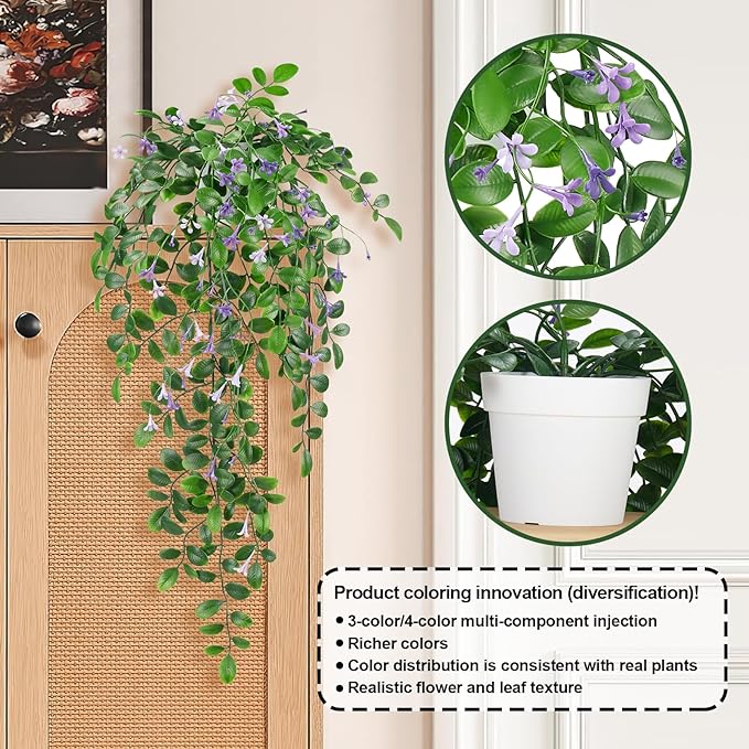 Artificial Hanging Plants, 2Pcs Fake Ivy Vine Artificial Ivy Leaves with Purple Flowers for Wedding Wall House Room Patio Indoor Outdoor Home Office Decor Purple