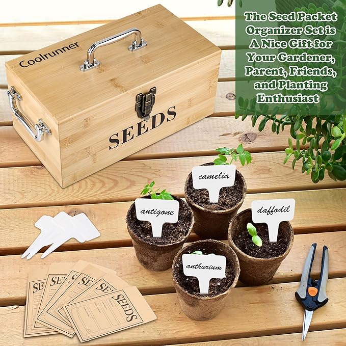 Coolrunner Wood Seed Saving Box, Seed Storage Organizer Case, Seed Packet Storage Organizer with Lock and 3 Handles, 30P Plant Labels, 30P Seeding Envelopes Bag