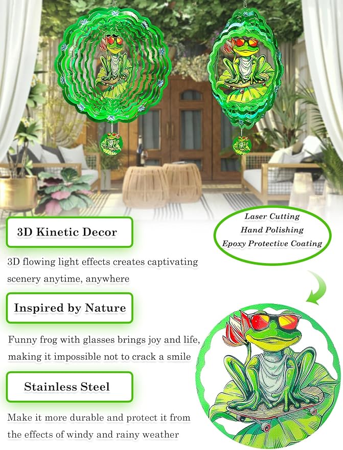 Frog Wind Spinner-3D Metal Hanging Wind Spinners, Perfect Ornament Gifts for Women/Men, 12 Inch Spinfinity Wind Spinner for Outdoor & Indoor Decorations, Yard Art, Garden Decoration