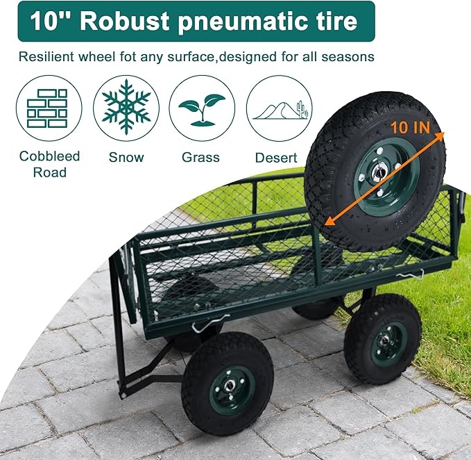 Elevon Heavy Duty Utility Wagon Cart, Green with Removable Mesh Sides, 400 LBS Capacity for Home Improvement, Hauling Supplies & Outdoor Use