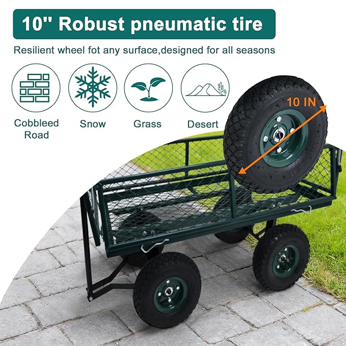 Elevon Utility Wagon Cart, Green | 10" Wheels & Removable Sides for Easy Yard Cleanup, Gardening, and Grocery Shopping