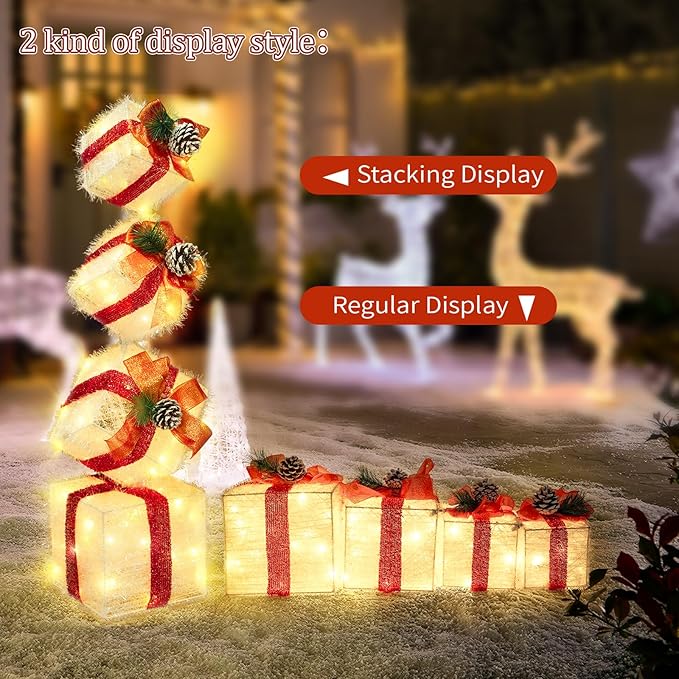 Christmas Lighted Gift Boxes Decorations Set of 4, 3.6Ft Stackable Christmas Nesting Boxes Battery Operated with Timer for Home and Party Decoration