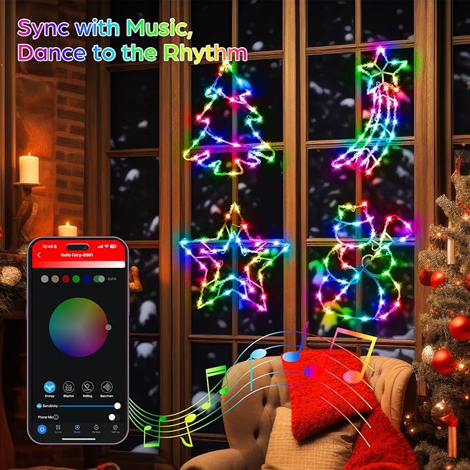 4 Pack Smart Christmas Window Lights, Window Silhouette Lights, Christmas Decorations Indoor,Custom & Preset Modes,APP Control Snowman, Meteor, Christmas Tree, Star for Door Glass