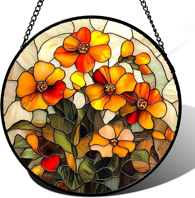 Stained Glass Window Hanging - Orange Marigolds Flowers Suncatcher for Door Garden Yard Sun Catchers Decor Christmas Mother's Day Birthday Gifts for Women Mom Nana Girlfriend Men 6.3 in