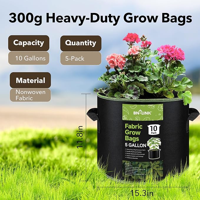 BN-LINK 10-Pack 5 Gallon Grow Bags, Heavy Duty Aeration Fabric Pots with Handles, Thickened Nonwoven Plant Bags for Vegetables, Flowers, Fruits