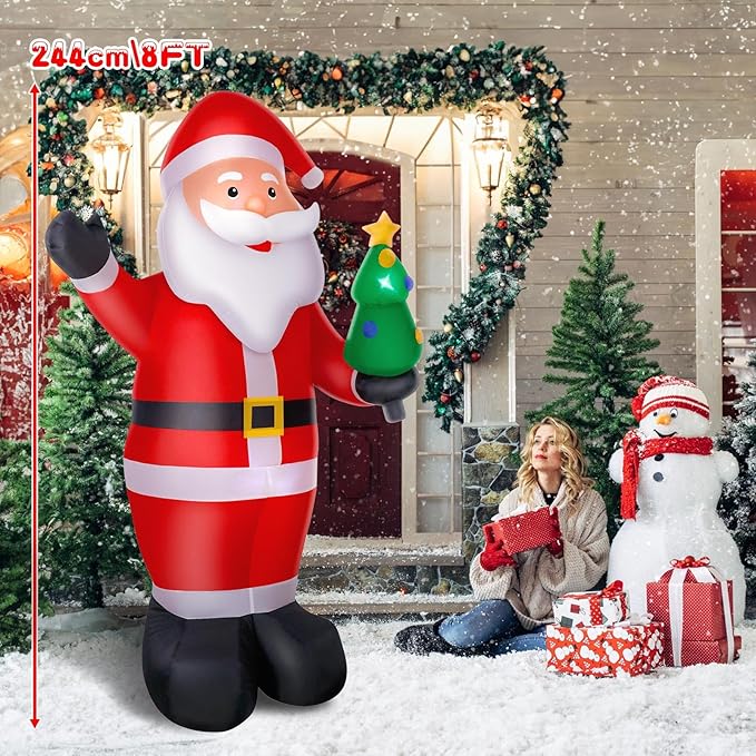8FT Christmas Inflatable Santa, Large Blow up Santa Claus Yard Decoration Built-in LED Lights, Outdoor Santa Inflatable Christmas Decoration for Xmas Holiday Garden Lawn Patio