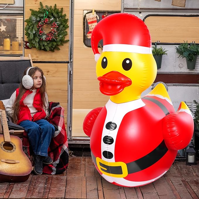 2 Pcs 4.6 Feet Christmas Giant Inflatable Snowman Duck Outdoor Decorations,Huge Blow Up Yard Yellow Duck with Red Snowman Cloth Pool Float for Indoor Christmas Holiday Party Garden Patio Lawn Decor