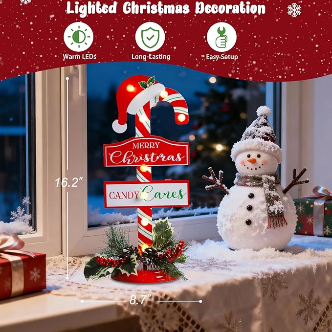 Vigdur Christmas Candy Cane Decoration - 16" Pre-Lit Metal Candy Cane Table Ornament with LED Lights & Timer, Battery Operated Light Up Christmas Sign for Indoor Mantel Shelf Holiday Home Décor