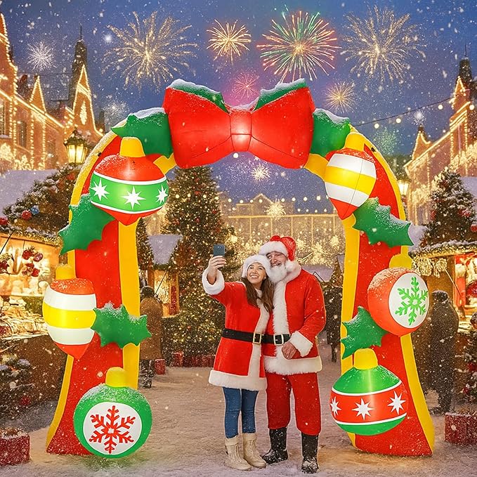 Leyndo 8FT Bow Christmas Inflatable Arch Archway Outdoor Decorations with LED Lights Built-in Giant Inflatable Bow Christmas Arch Blow up Yard Decorations for Outside Garden Lawn Holiday Party Decor
