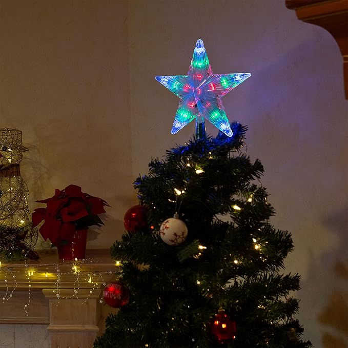 Alpine Corporation 8" H Flashing 5-Point Star Tree Topper with 31 Multi-Colored LED Lights, Christmas Decoration