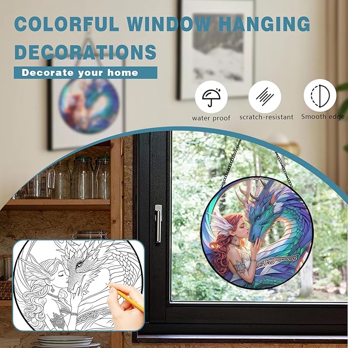 Dragon Fairy Stained Glass Window Hanging, 7.87" Fantasy Suncatcher for Windows with Chain, Fantasy Glass Sun Catcher Decor for Home Bedroom, Window Ornament Gifts for Women & Dragon Lovers