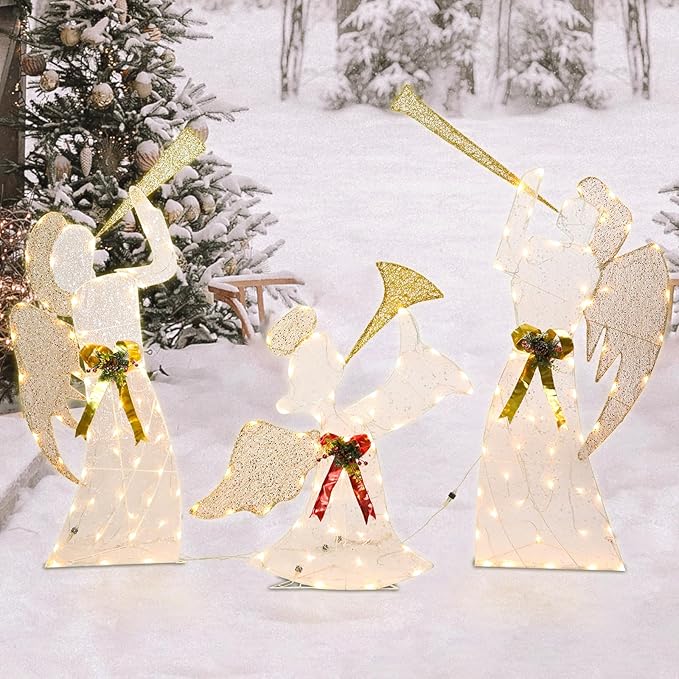 Christmas Outdoor Decorations Lighted Angel Family Set of 3 Christmas Warm Lights Outside Decor 5FT Angel with Trumpet, Outdoor Holiday Decorations for Home, Yard, Garden, Party