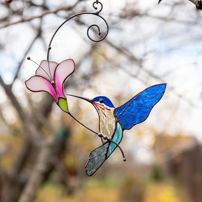 Multicolor Hummingbird Handmade Stained Glass Suncatcher Genuine Stained Glass Window Hangings Unique Indoor Ornament & Outdoor Decor (Blue Hummingbird)