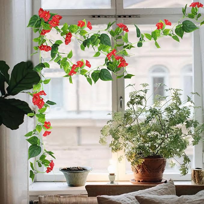 CISDUEO 2 Pcs Artificial Vines Silk Morning Glory Vines for Outdoor 15Feet Hanging Plants Garland Red Fake Green Plant Morning Glories for Home Decor Wall Fence Stairway Wedding Hanging Baskets