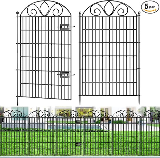 5 Panels No Dig Tall Garden Fence with Gate – 44" H X 11.8' L Rustproof Metal Dog Fence Outdoor for Yard, Decorative Animal Barrier Fence for Pet, Garden Border, Patio, Flower | Temporary Fencing