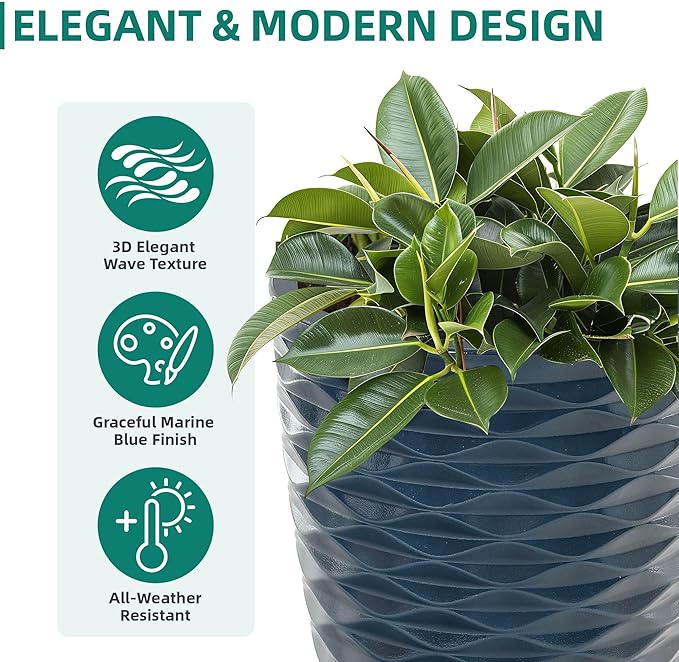 19" Resin Tall Outdoor Planters,Set of 2 Marine Round Large Flower Pot for Plants,Handmade Glossy Finish and Wave Texture,Weather-Resistant for Porch Christmas Decor,Garden, Patio or Indoor Use