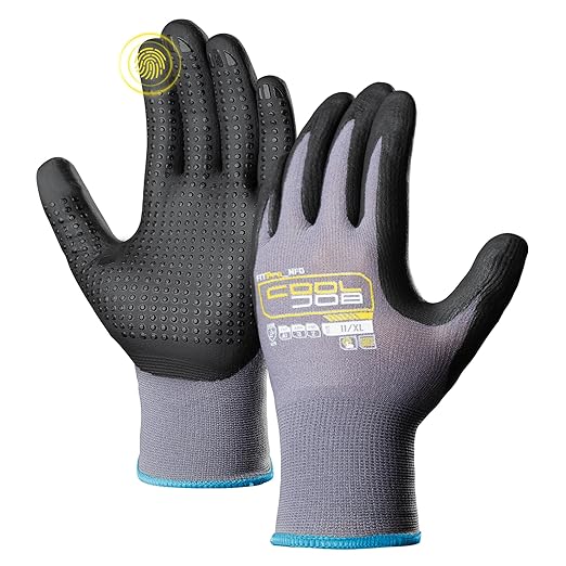 COOLJOB 6 Pairs Nitrile Rubber Dipped Safety Work Gloves with Grip Dots, Seamless Knit Nylon Gloves with 2 Fingers Touchscreen, Non-slip Coated for Warehouse, Home Improvement, Yard, Grey Xlarge
