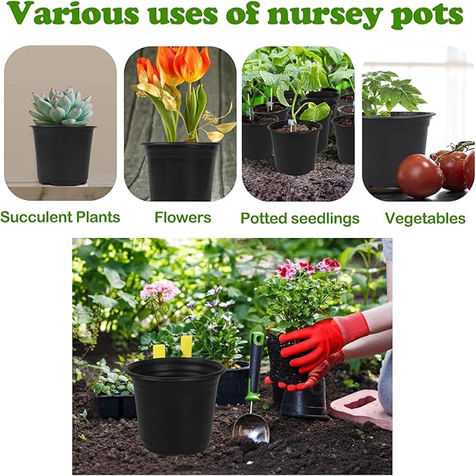 100 Packs Nursery Pots, 4 5 6 Inches Plastic Nursey Pots for Plants with Drainage Holes, Seed Starting Garden Pots of Flower Plant Container for Succulents, Transplanting (100, 4 Inch)