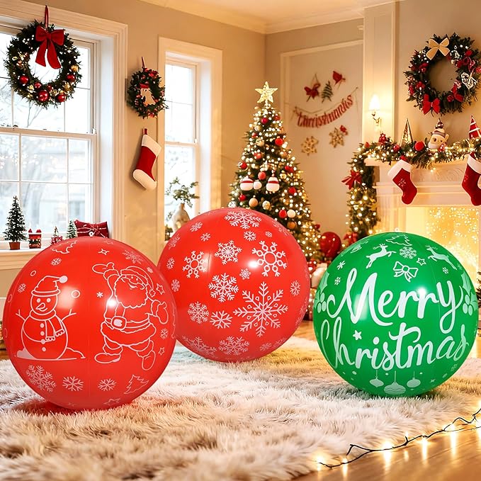 3 PCS 32 Inch Christmas Inflatable Balloons PVC Large Christmas Inflatable Outdoor Balls for Xmas Garden Lawn Yard Holiday Front Door Decoration