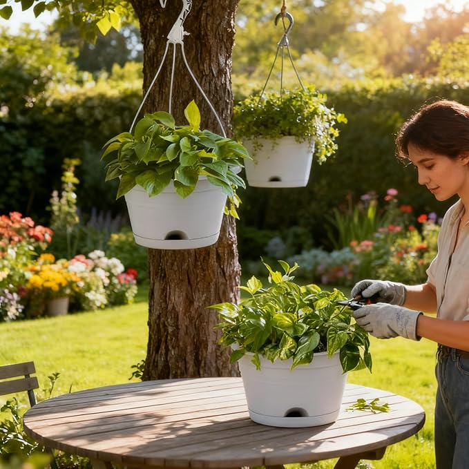 10 Inch Hanging Planters for Indoor Outdoor Plants, 4 Pack Hanging Plant Pots with Removable Chain & Drainage Trays, Lightweight Plastic Flower Pots for Home Garden Decor (Grey)
