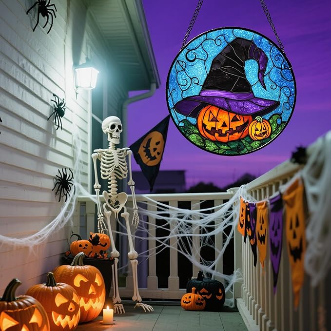 Stained Glass Window Hanging Halloween Horror Pumpkin 15" - Suncatcher Door Garden Sunroom Purple Black Witch Hat Sun Catcher Birthday for Friend Mom Men Woman Nana