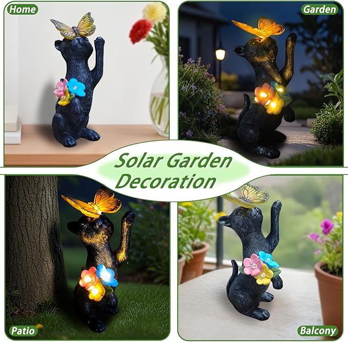 Solar Cat Garden Statue Outdoor Decor - Resin Cat Butterfly Statues for Outside Waterproof, Animal Figurines for Patio Balcony Yard Art Lawn Ornaments, Unique Birthday Gifts for Mom /Women/Grandma