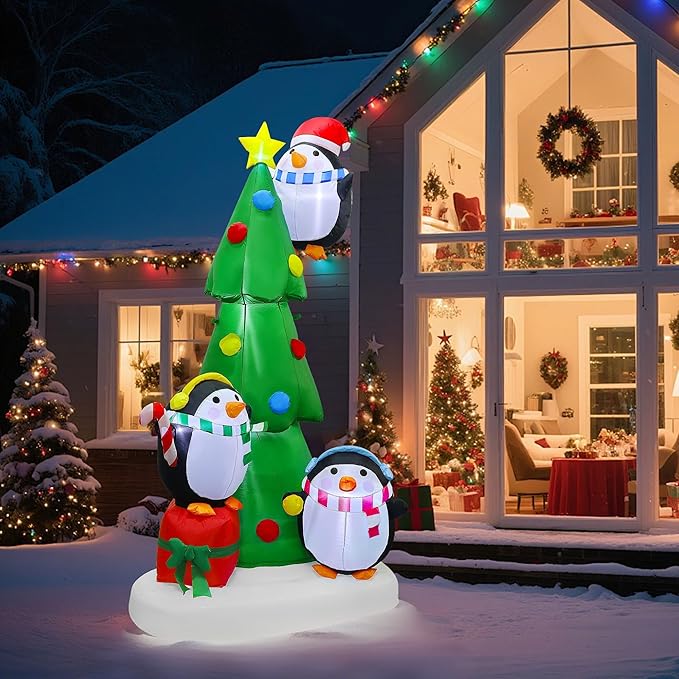 Joliyoou 8FT Christmas Inflatable Yard Decoration, Blow Up Giant Christmas Tree with Penguins Placing Star, Air-Blown Outdoor Holiday Display with Built-in LED and RGB Lights for Xmas Lawn Decor